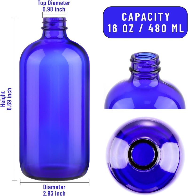 PINIWON 12 Pack 16 oz Cobalt Blue Glass Bottles, Boston Round Sample Bottles with Black Poly Cone Caps, Labels and Funnels - Image 2